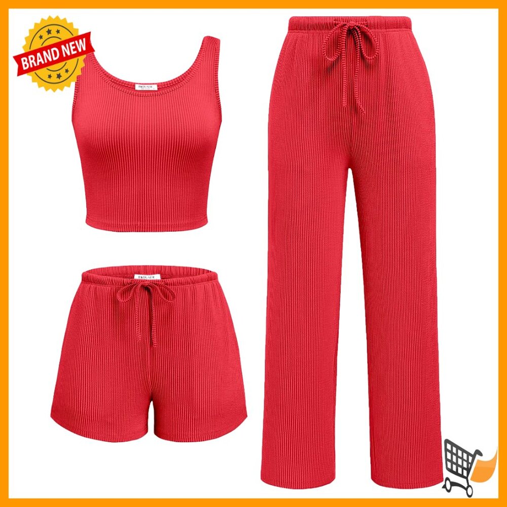 Soft Twisted Rib Knit Lounge Set 3 Piece Tank Top Shorts Pants Pocket